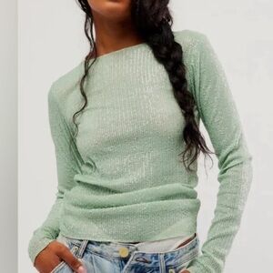 Free People Light Green sequined Long Sleeve Top NWT XS/S